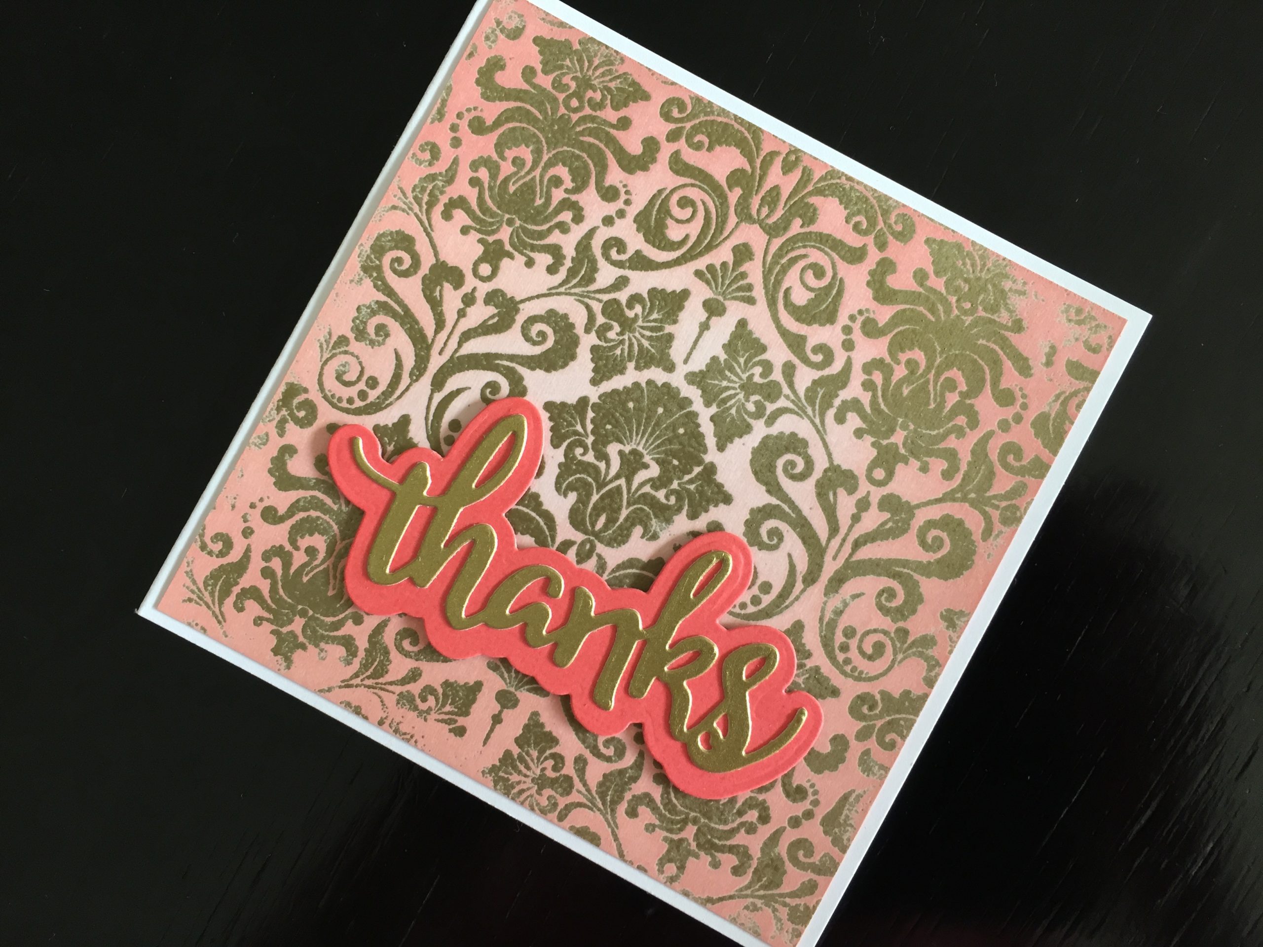 hand made thank you card with inked, stamped and heat embossed background and die cut message