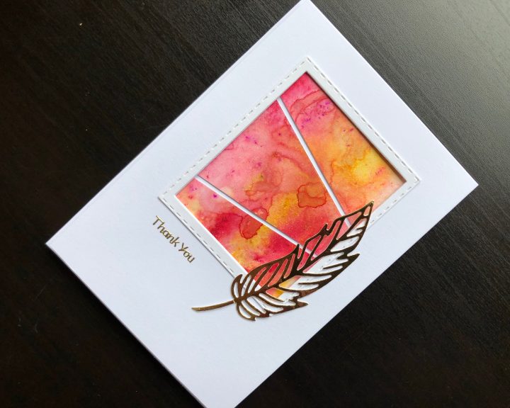 Hand made thank you card with Pixie Powder and die cut feather