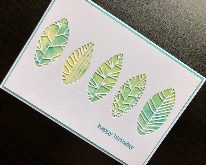 Hand made birthday card with cut out leaves, inked background an stamped happy birthday greeting