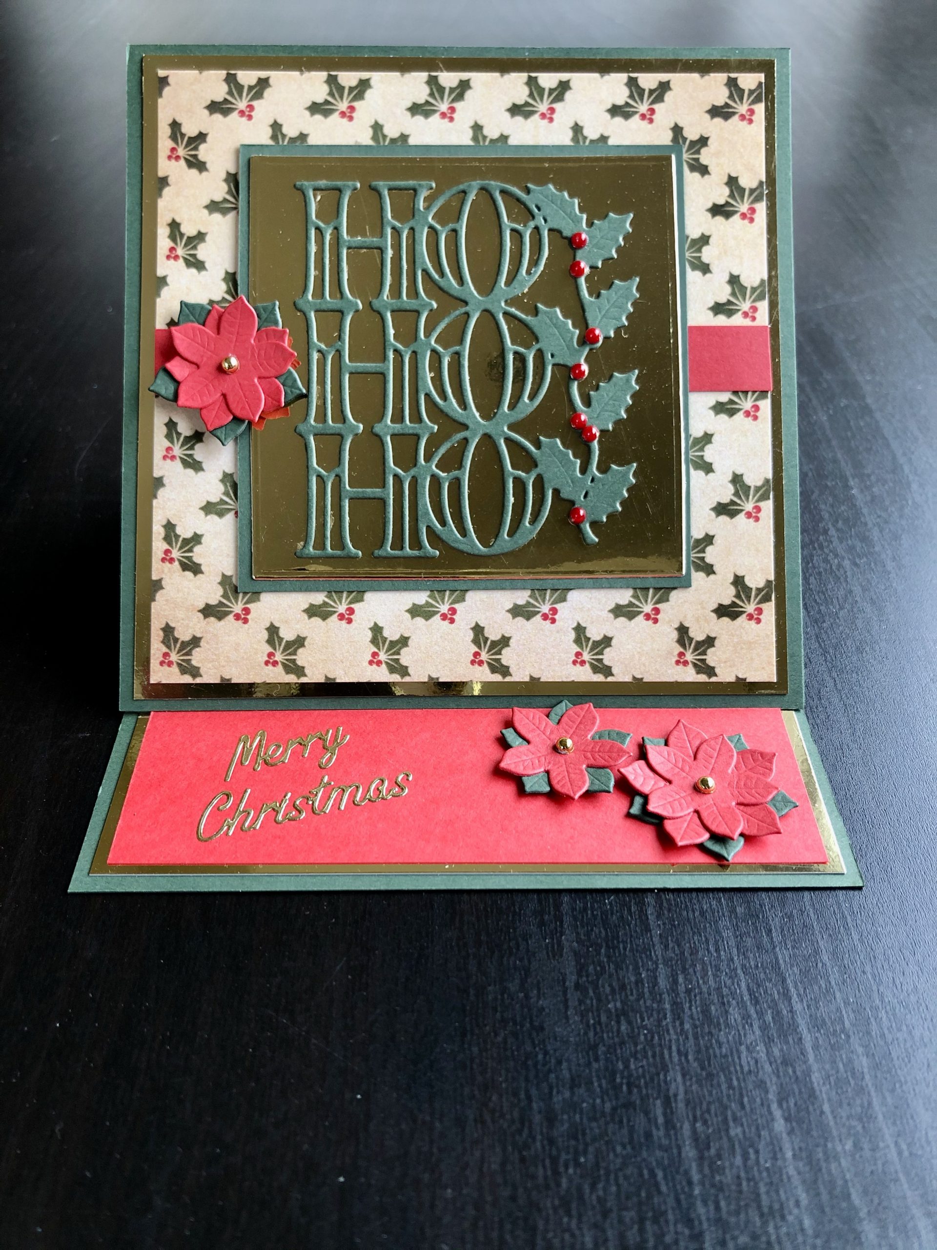 Hand made Christmas easel card with die cut Noel and poinsettias