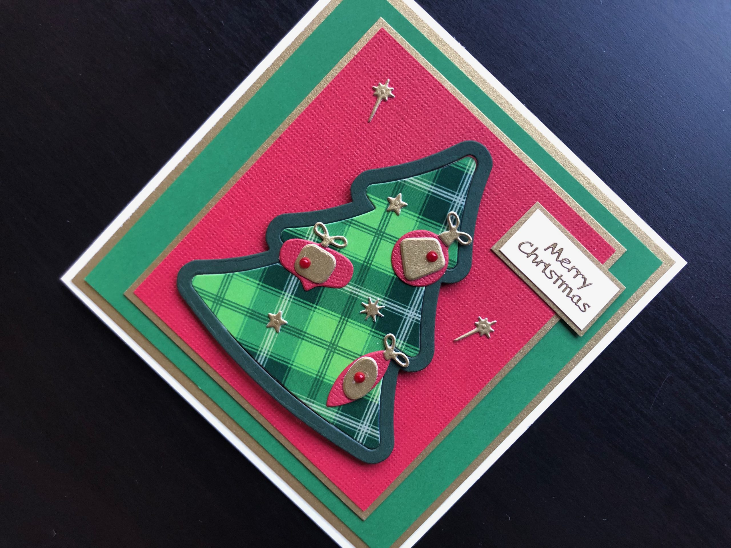 Hand made Christmas card with die cut tartan tree