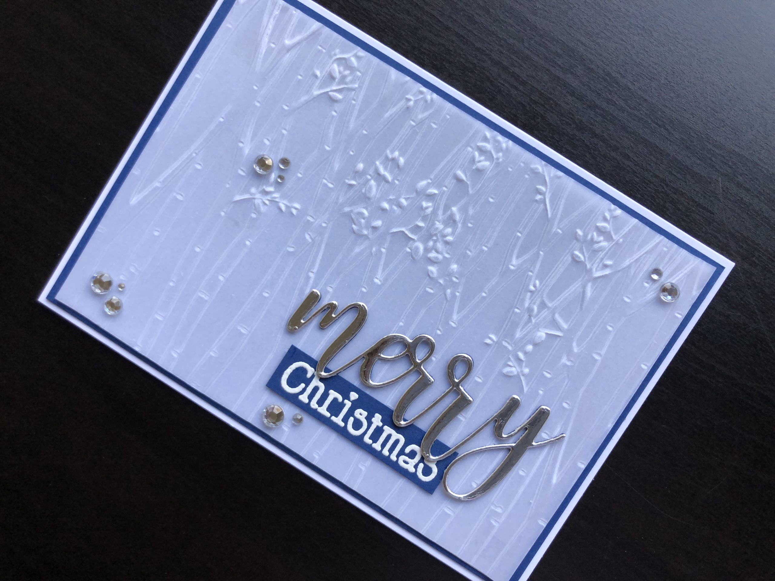 Hand made Christmas card with embossed vellum background and stamped and die cut sentiment