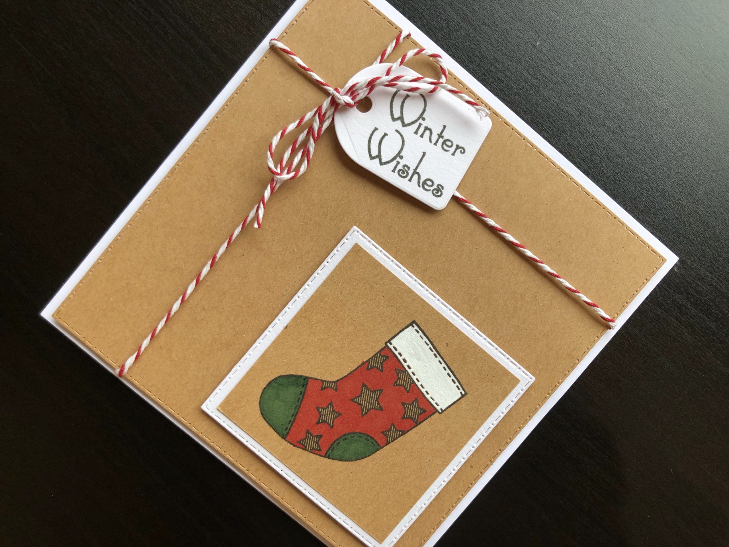 hand made christmas card with stamped christmas stocking