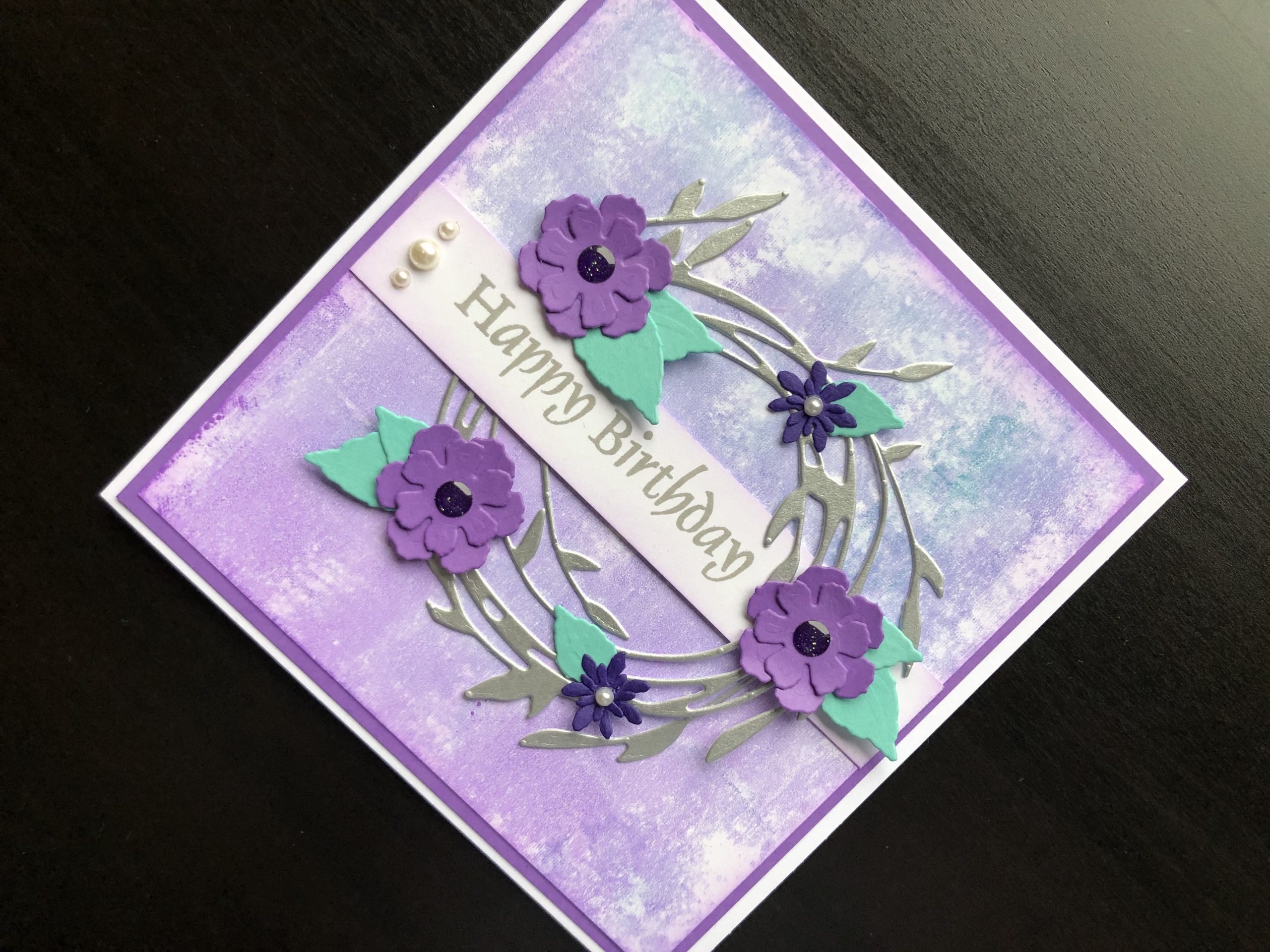 hand made birthday card with floral wreath