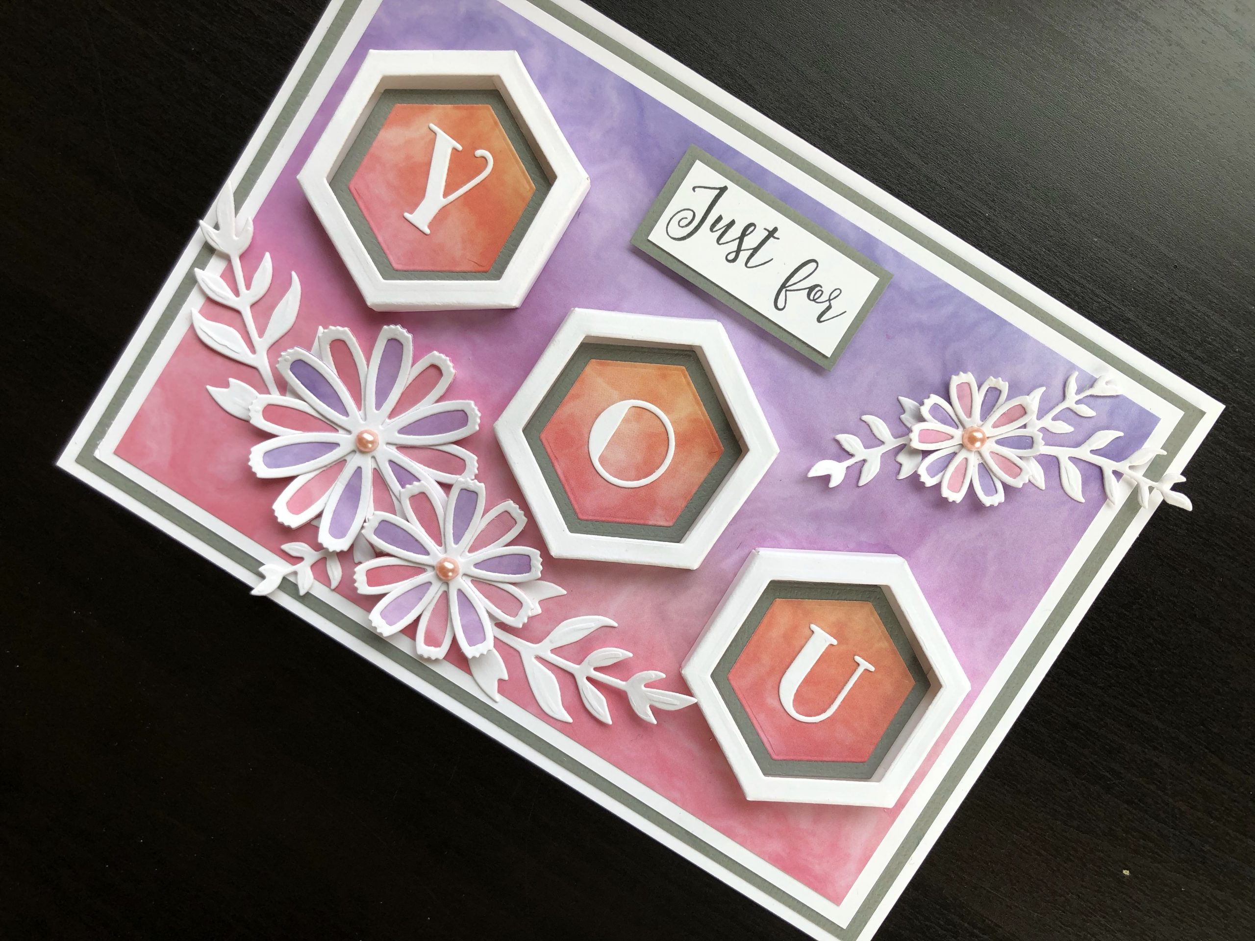 Hand made card with 3D hexagon frames and die cut cosmos flowers