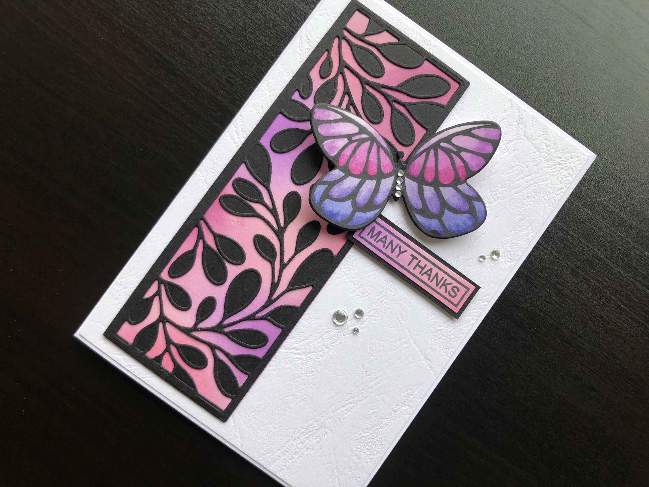 hand made thank you card with ink blending and die cut butterfly