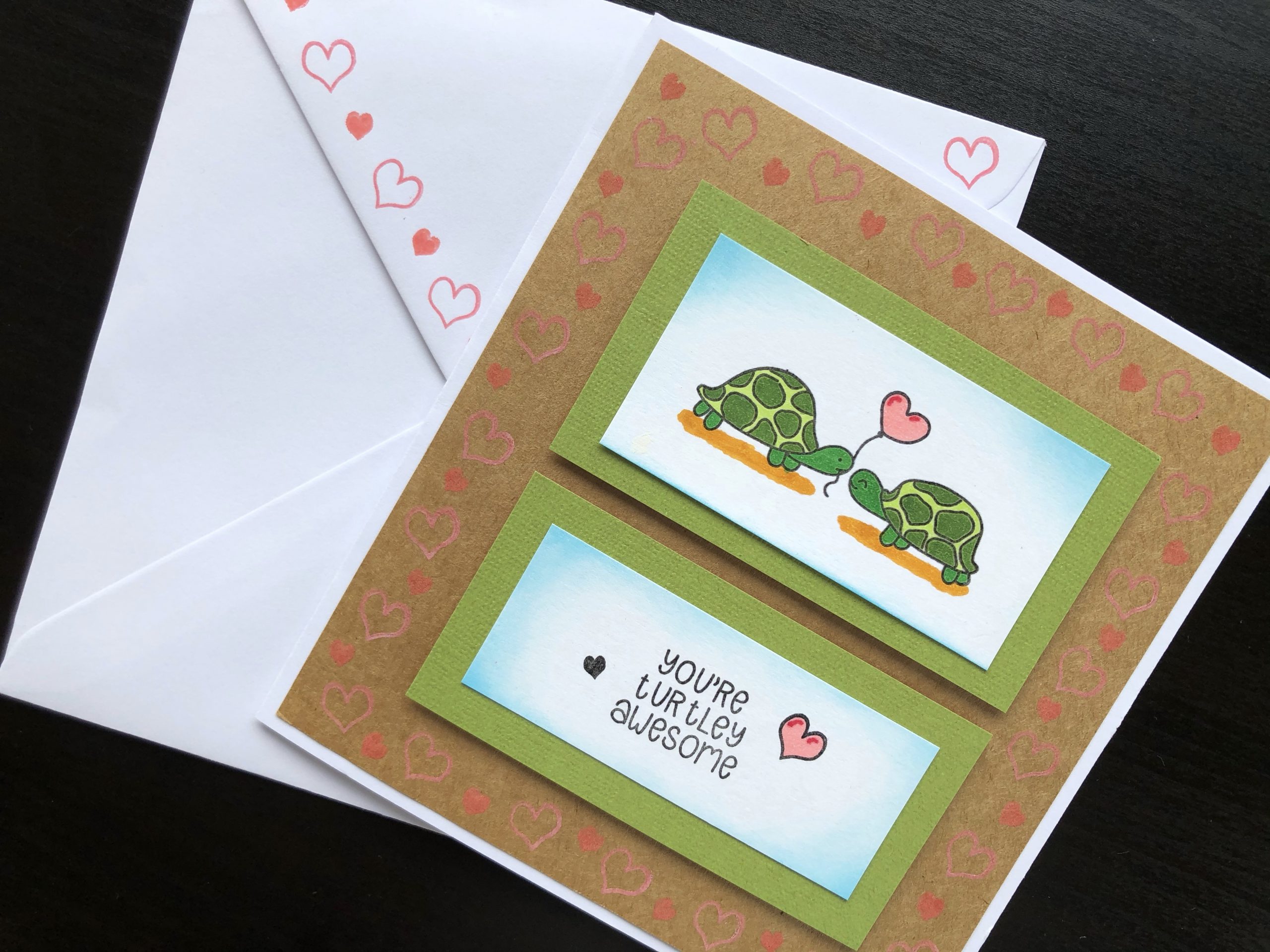 Hand made anniversary card with stamped turtles