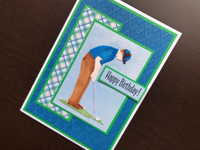 Hand made birthday card with die cut golfer and embossed argyle background