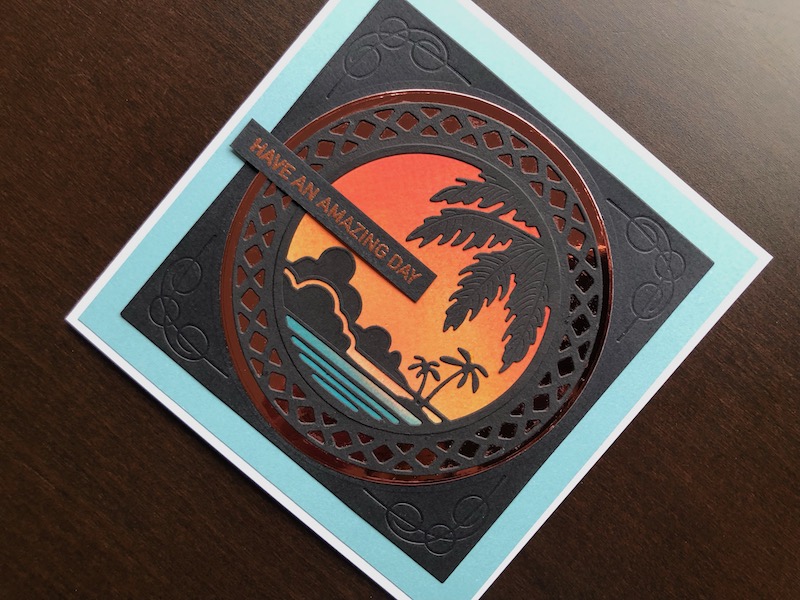 Hand made birthday card with die cut silhoutte beach sunset