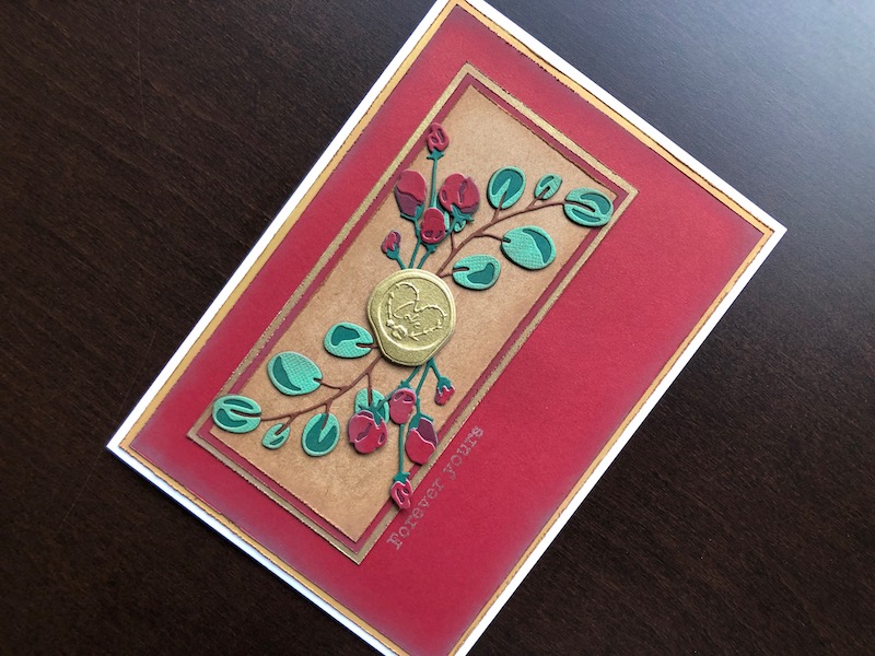 Hand made Valentine card with die cut rose buds and faux wax seal