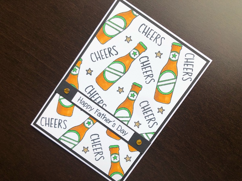 Hand made Father's Day card with stamped and coloured beer bottles and cheers.