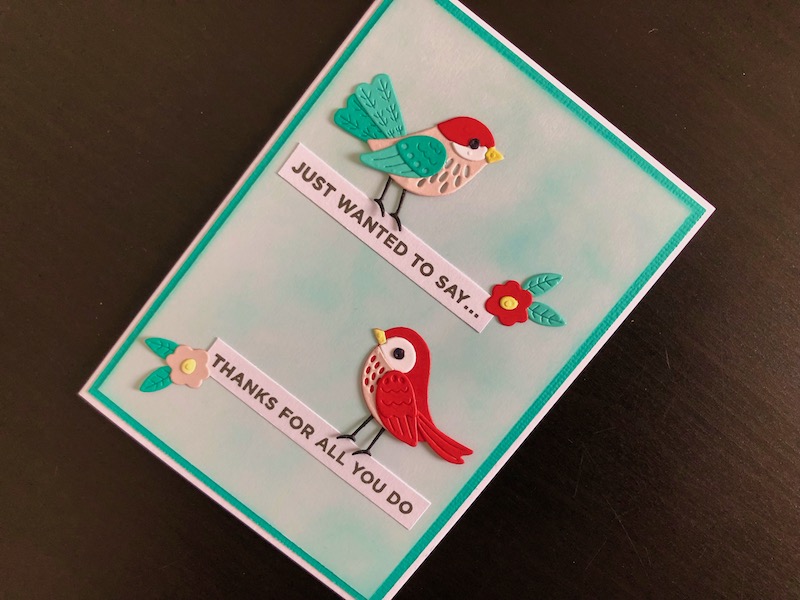 Hand made Thank You card with inked background, die cut birds and stamped sentiment strips