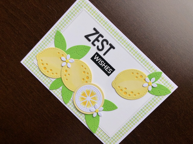 Hand made birthday card with die cut lemons, leaves and flowers with punny zest wishes sentiment.