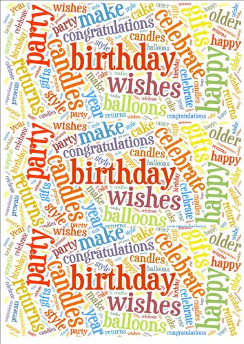 Primary Colours Birthday Word Cloud Paper