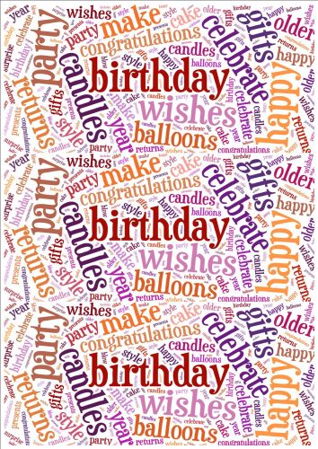 Purple and Orange Birthday Word Cloud Paper