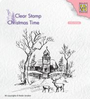 Winter Scene Church and Deer Clear Stamp