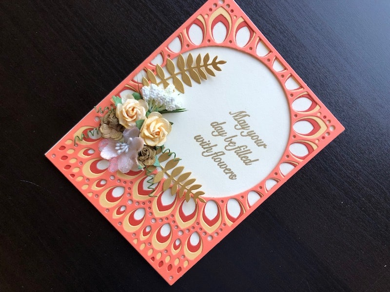 Hand made card with Birch Press Grace die and paper flowers and leaves