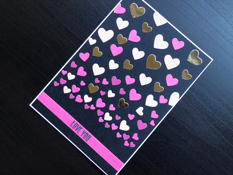Valentine card made with die cut hearts from Adora die set