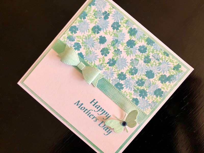 Hand made Mothers Day card with die cut bow and cardio stamping