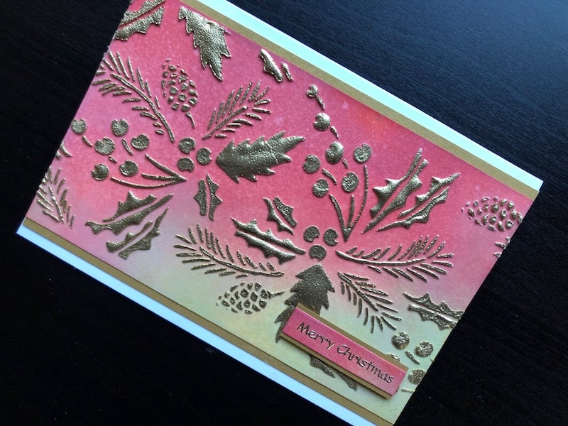 Christmas card with heat embossed, stencilled texture paste