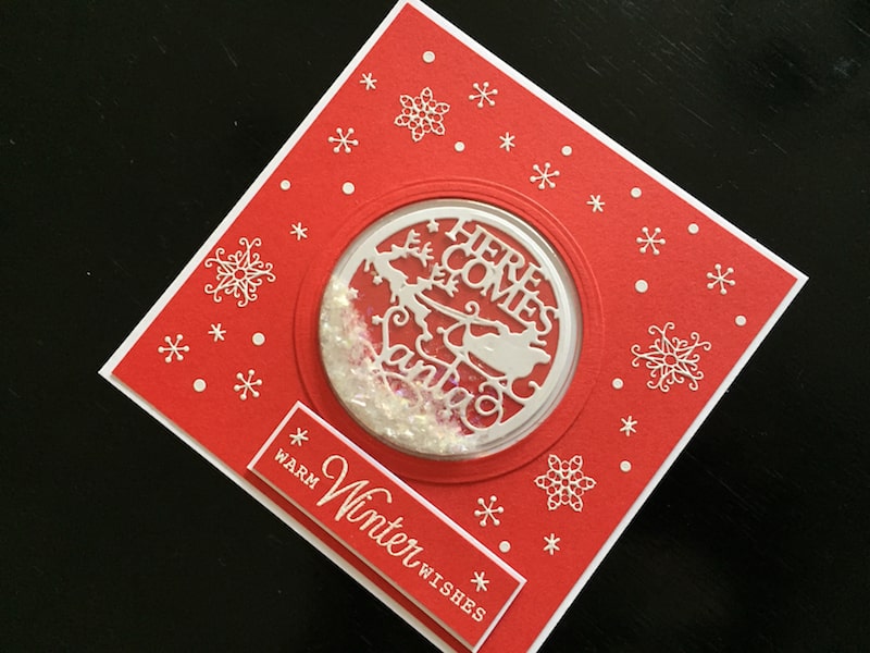 Christmas shaker card with die cut circular frame and decorated background
